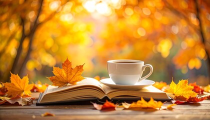 A cup of coffee rests on an open book surrounded by vibrant autumn leaves with a warm, glowing background.