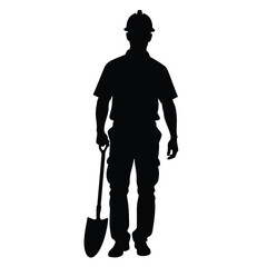 Full-length black silhouette of a construction worker wearing a hard hat and holding a shovel.