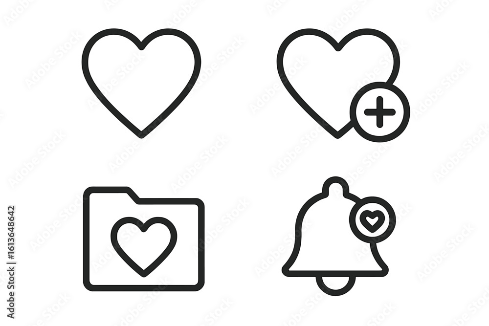 Poster wishlist and favorites outline icon set. includes heart symbol, add to wishlist button, favorite ite