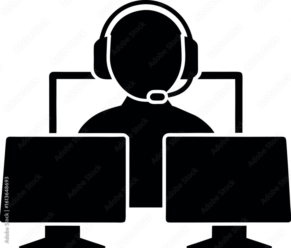 Poster vector art of a customer service operator is working with two computer screens and a headset isolate
