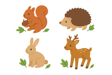 Cute woodland animal vector set. Cartoon forest creatures illustration with squirrel, hedgehog, rabbit, deer fawn. Flat design icon collection for kids and nursery art.