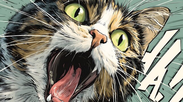 Vibrant illustration of a cat extending its tongue in reaction to an unseen and intense threat with a humorous twist