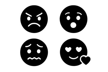 Fototapeta premium Emoticon glyph icon set. Solid black emoji collection showing various expressions. Angry, surprised, anxious and love faces. Simple flat vector illustration for user interface.