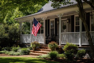 A charming home with a covered porch, displaying an American flag