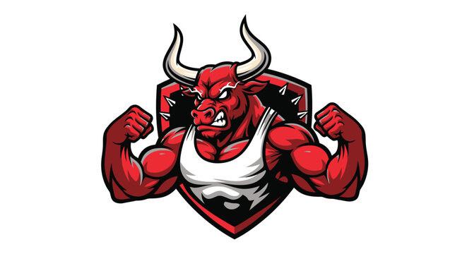 A muscular red bull mascot flexing its biceps, wearing a tank top, and framed by a shield.
