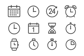 Time and clock thin line icon set. Vector symbols of time management, 24-hour service, deadline alarm, calendar schedule, timer, stopwatch, hourglass, and smartwatch for UI.