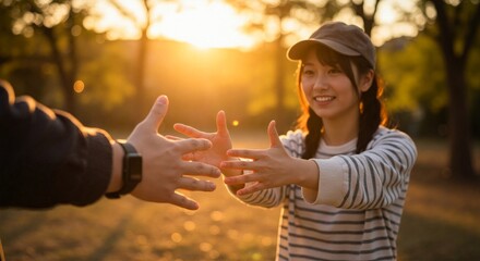 Joyful Connection, Friends Reuniting in Sunlit Park, Lifestyle Photography, Outdoor Serenity, Warm Evening Glow - World AIDS Day