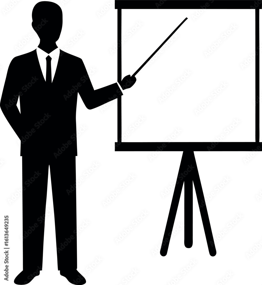 Poster vector art of a businessman in a suit is giving a presentation using a pointer on a whiteboard, isol