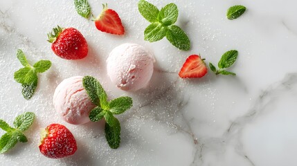 Sophisticated Food Styling Featuring Pastel Sorbet with Strawberries and Mint on White Marble for Editorial Photography