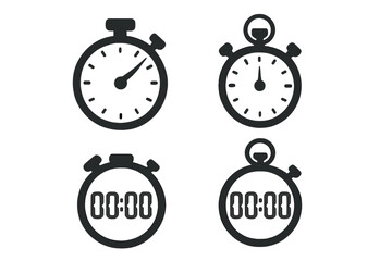 Timer and stopwatch vector icons set for web design and apps. Chronometer, countdown, and deadline symbol. Simple flat pictogram for concepts like speed and time management.
