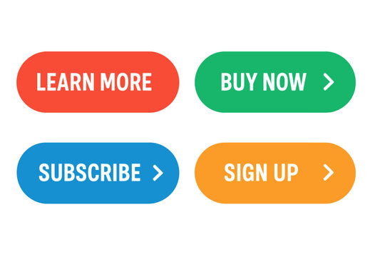 Set of modern flat style call to action buttons. Colorful vector web elements for UI and UX design. Buy now, subscribe, sign up, learn more collection for website.