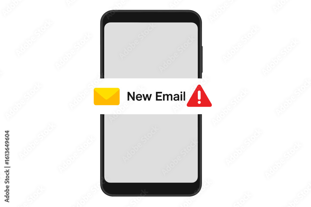 Poster smartphone new email notification with danger alert. spam, phishing or virus warning message on mobi