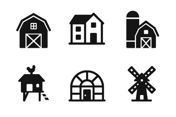 Farm building solid icon set. Vector glyph illustrations of a barn, farmhouse, silo, chicken coop, greenhouse, and windmill. Simple agriculture and rural life symbols.