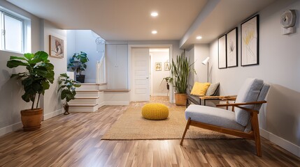 Bright and Airy Basement Living Space with Comfortable Furnishings and Natural Light