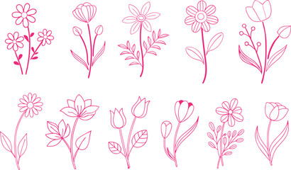 Floral branch and minimalist flowers for logo or tattoo. Hand drawn line wedding herb, elegant leaves