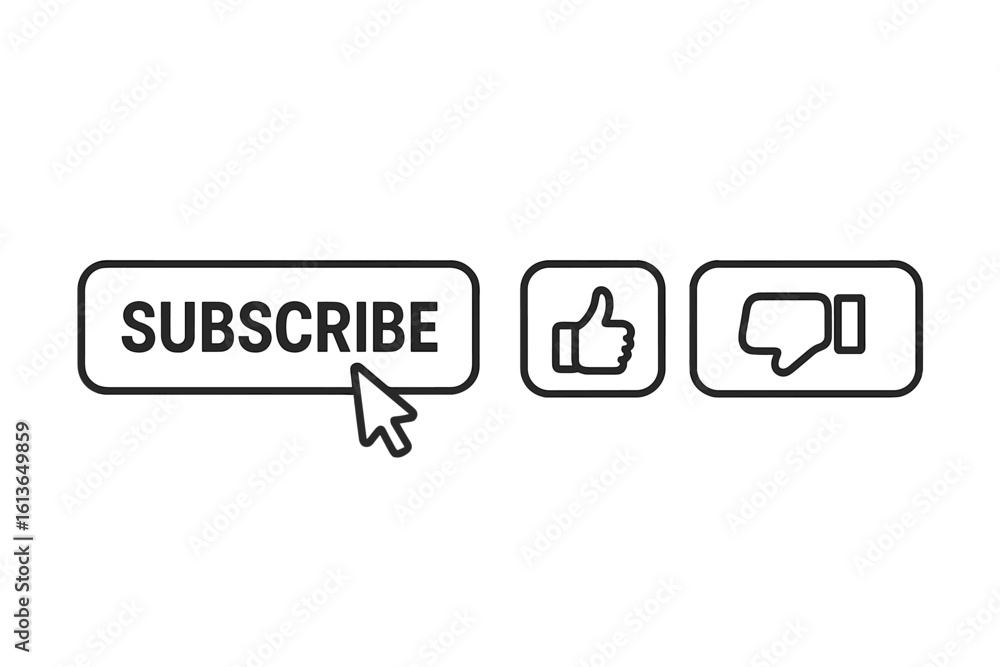 Poster subscribe button with cursor, and like, dislike icons. social media ui elements for channel engageme