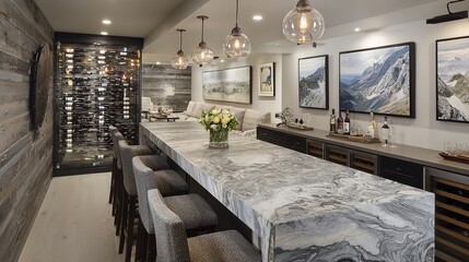 Luxurious home bar design features elegant marble countertops, statement lighting, and wine cellar.