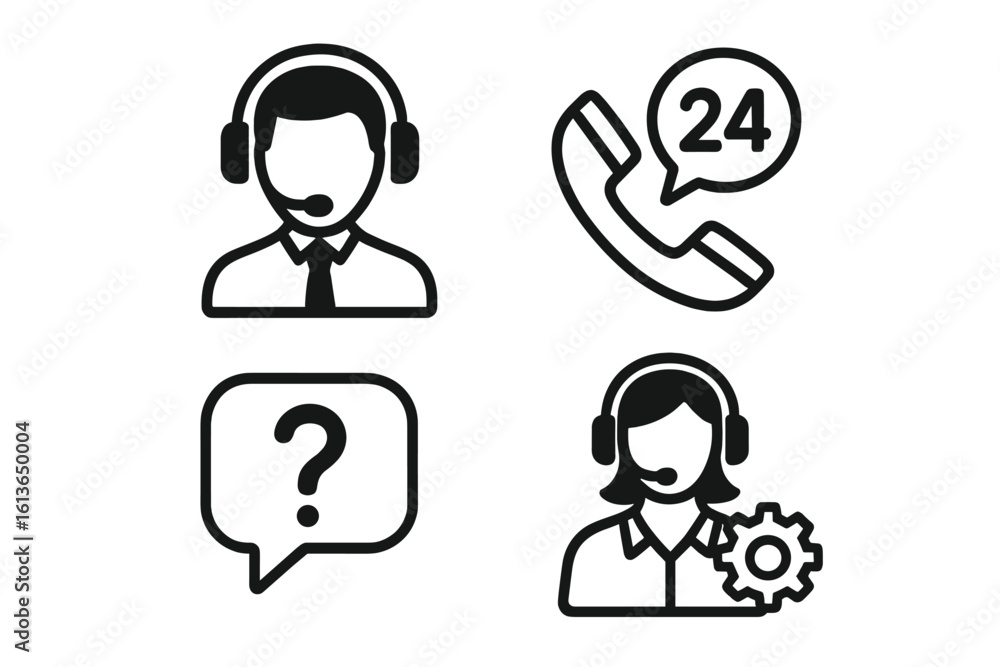 Poster customer service icon set. tech support symbols for call center and hotline. operator with headset, 