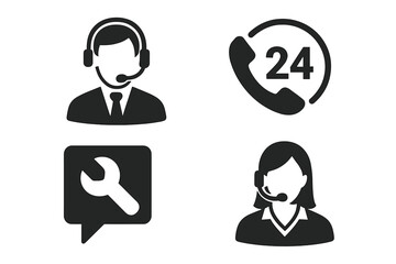 Tech support icon set. Call center agent and 24-hour service symbols. Hotline operator with headset for client consultation. Technical assistance and customer care vector icons.