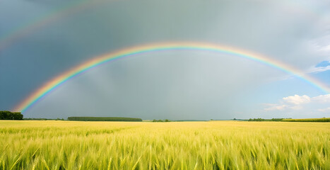 Naklejka premium Rainbow over wheat field, nature landscape.
