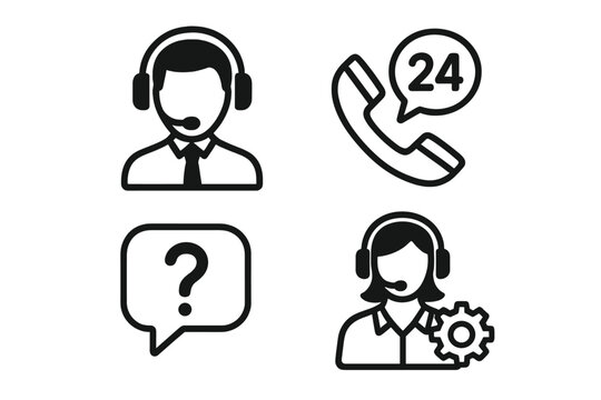 Customer service icon set. Tech support symbols for call center and hotline. Operator with headset, 24-hour phone help, FAQ question mark, and technical assistance gear.