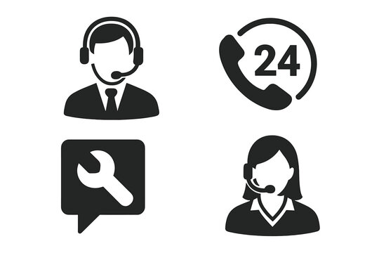 Tech support icon set. Call center agent and 24-hour service symbols. Hotline operator with headset for client consultation. Technical assistance and customer care vector icons. - Powered by Adobe