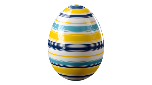 Colorful decorated egg featuring white, yellow, light blue, and navy stripes with shiny finish, spring seasonal decoration on a transparent background, PNG image, PNG file.