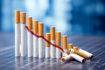 Falling tobacco market trends shown with cigarette graph design. reduction of tobacco consumption