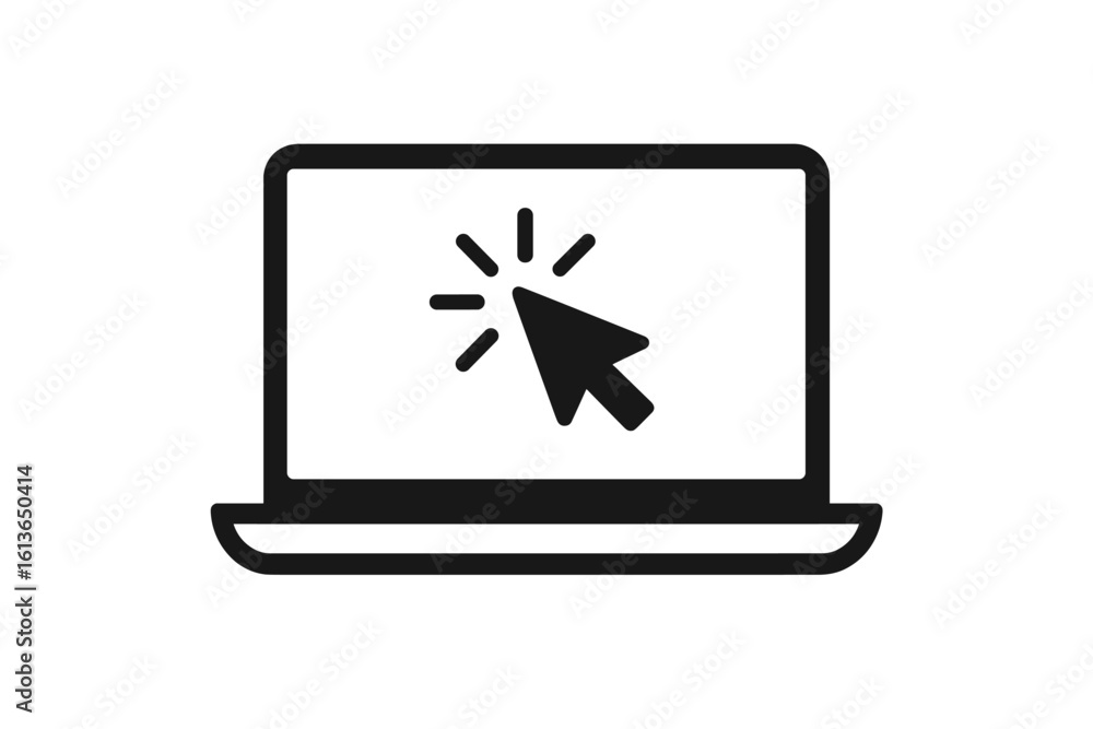 Poster laptop computer icon with a mouse pointer arrow clicking on the screen. symbol for online services, 