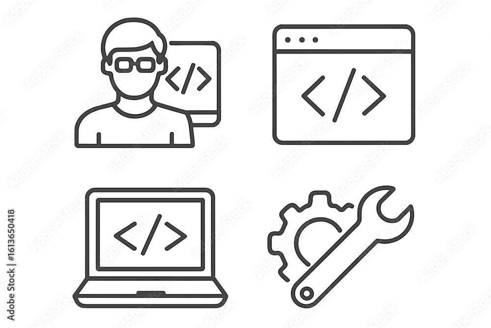 Fototapete web development line icon set. programmer, coding and software engineering vector symbols. website, 