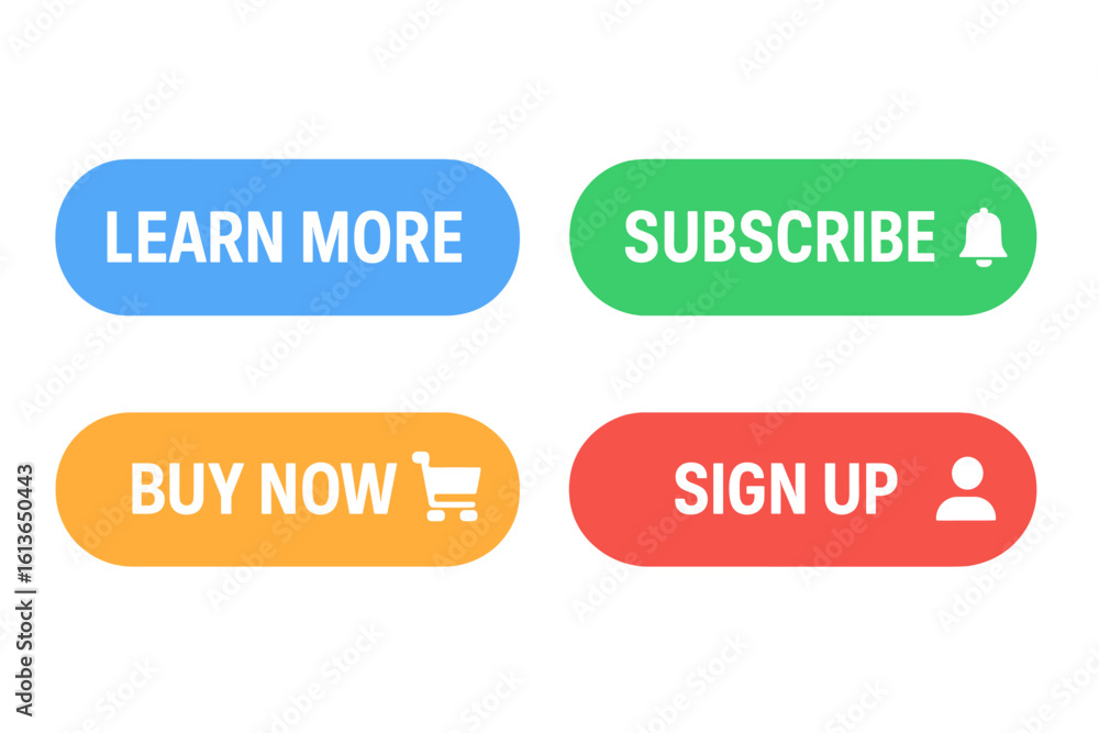 Poster set of call to action buttons for web design. learn more, subscribe, buy now, sign up. ui ux vector 
