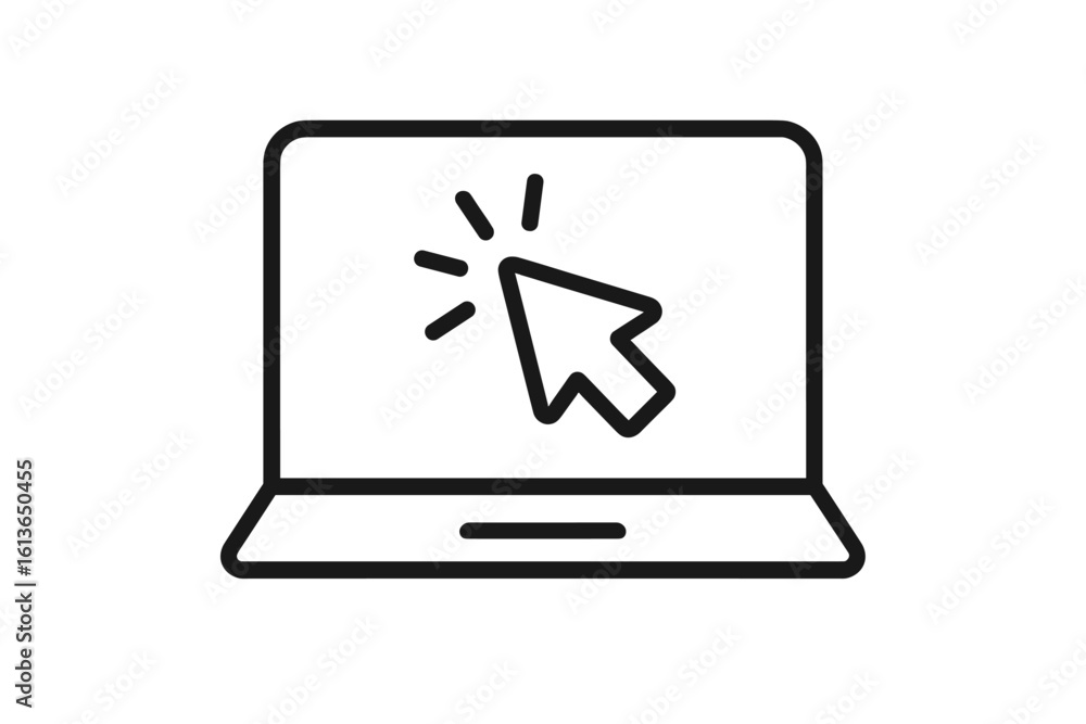 Poster laptop computer icon with a clicking mouse cursor on the screen. web browsing, online services, e-co
