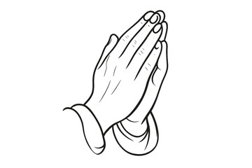 Praying hands vector line illustration. Human hands folded in prayer. Christian religion concept of faith, hope, love. God, worship, bless. Mudra namaste gesture.