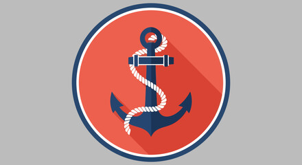 Stylized Navy Anchor with White Rope on a Red and Blue Circular Badge. © KMB