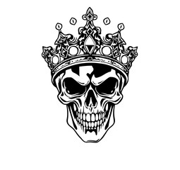 Grim King: Intricate Skull with Ornate Crown - Black and White Vector Illustration