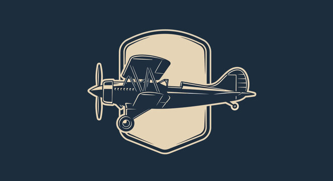 Vintage Biplane Illustration with Shield Classic Aviation Design Retro Airplane Art.
