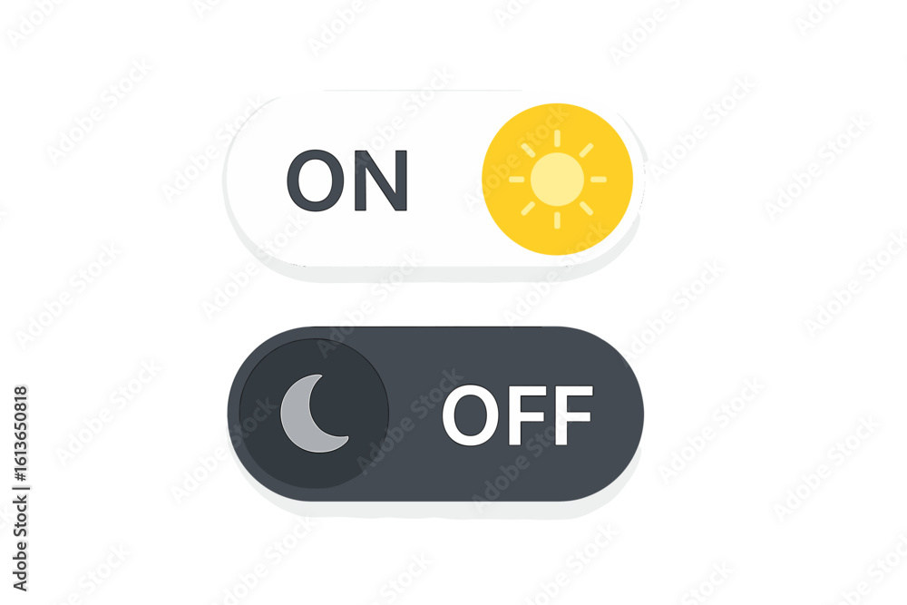 Poster on and off toggle switch buttons for light and dark mode. day and night theme switcher for mobile ap