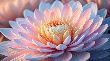 Close up of a delicate pink and white water lily flower with soft pastel lighting