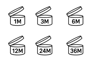 PAO symbol set. Period after opening icons collection. Cosmetic package sign with useful lifetime after open. 1, 3, 6, 12, 24, 36 months best before date vector.