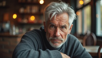 Contemplative man in dark gray sweater seated at cafe table