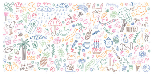 Kid elements. Cute children graphic, baby sketch or line pencil flowers, sun and tree. Hand drawn school play funny face, clouds and rainbow. Background design. Vector doodle icons set