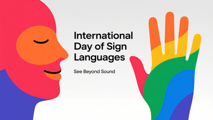 Colorful facial and palm patterns represent International Sign Language Day, interpreting "Beyond Sound Seeing" and used in cultural exchange and sign language promotion scenarios.