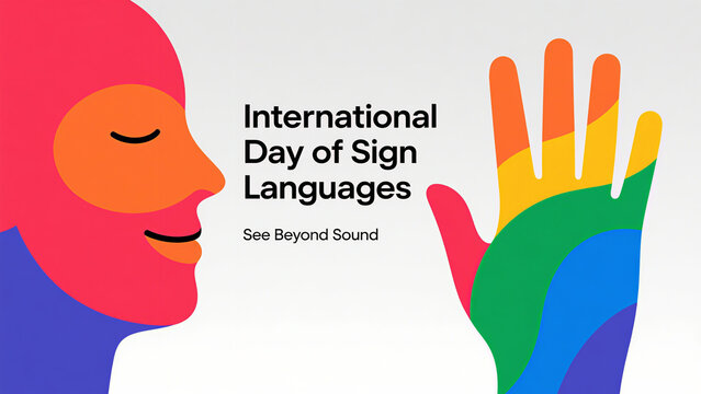 Colorful facial and palm patterns represent International Sign Language Day, interpreting "Beyond Sound Seeing" and used in cultural exchange and sign language promotion scenarios.
