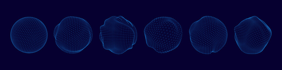 3D sphere. Digital dot globe. Abstract global matrix wireframe or mesh particle pattern. World wire orb. Minimal ball structure. Planet orb. Amorphous figures. Vector round shapes set