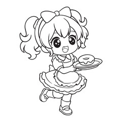 Coloring Page Outline Of a cute little girl with a cake