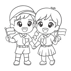 Coloring Page Outline Of Boy and Girl Scout Characters with Flag