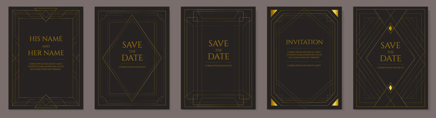 Gold frame. Art deco card. Wedding invitation. Elegant line border or holiday vintage label. Premium VIP Gatsby design. Marriage ceremony celebration. Vector retro poster templates set