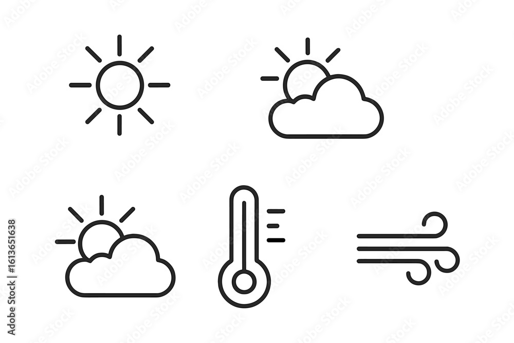 Poster weather icon set. collection of simple outline symbols for meteorology forecast. sun, cloud, wind, a