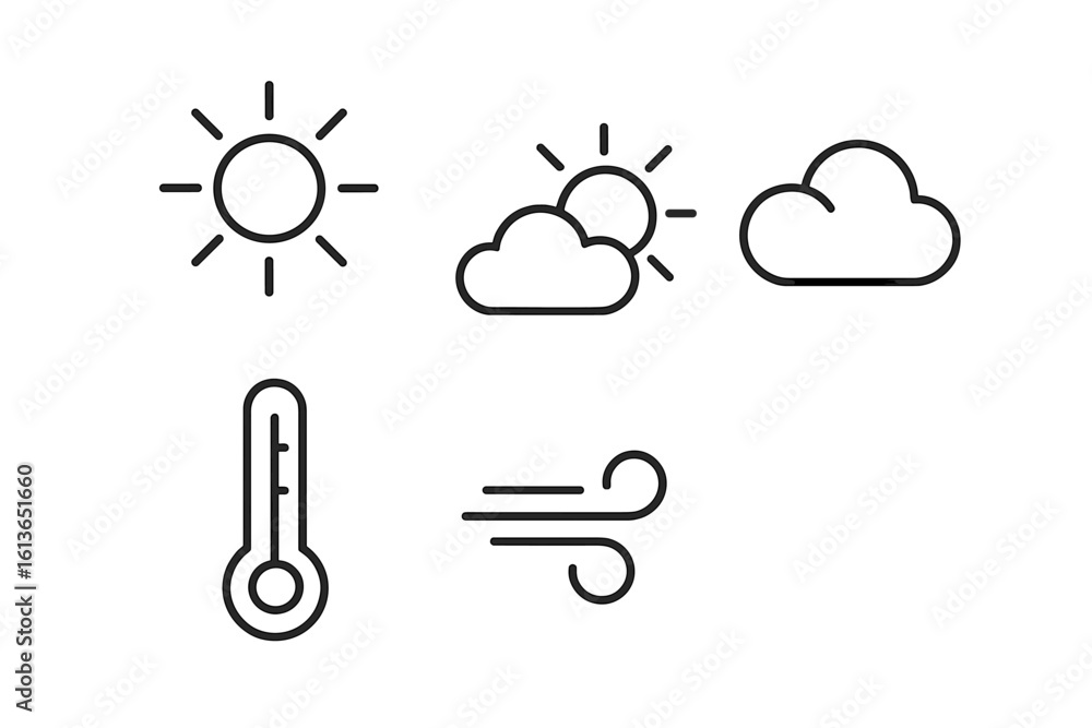 Poster weather forecast outline icon set. simple line art symbols for meteorology app and web ui. sun, clou