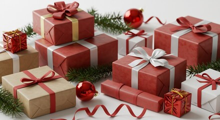 Obraz premium 赤とベージュの素敵なプレゼントが幾つも綺麗に並べられています